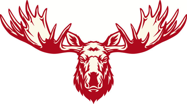 Moose head vector illustration, bold red and white duotone graphic of a majestic bull moose with large antlers