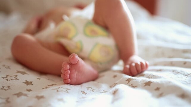 Newborn baby in a diaper with a cute avocado pattern is lying on a bed, actively moving its little legs and feet, showing the natural and lively movements of early infancy