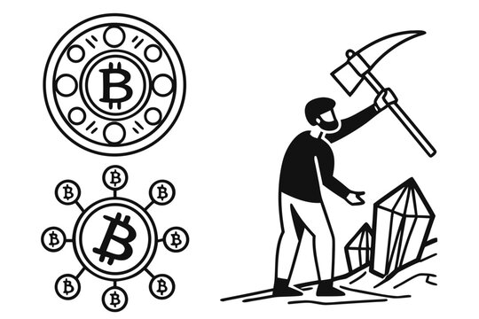 Bitcoin miner working with pickaxe and coins