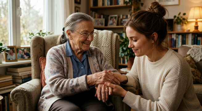 Granddaughter holding her elderly grandmother's hands in a cozy living room. Young woman caring for senior relative. Generational bond and family love concept