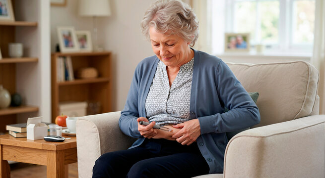Elderly diabetic woman injecting insulin into her abdomen at home. Senior female patient using a pen syringe for diabetes management and metabolic health