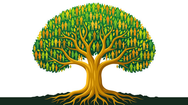 Family tree illustration made of diverse people silhouettes standing together in a lush green tree canopy design