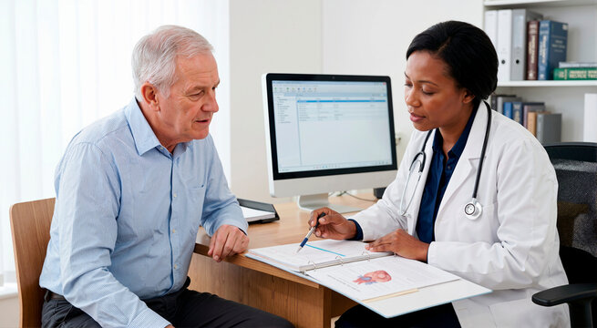 Geriatric man discussing cardiovascular health with a female doctor. General practitioner explaining heart disease management using a medical chart