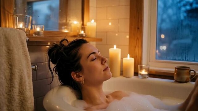Woman relaxing in foam bath with romantic candles around