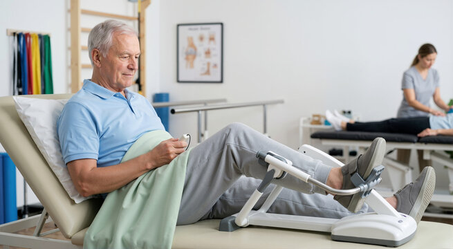 Geriatric man using a continuous passive motion machine on his leg. Senior patient undergoing orthopedic rehabilitation and physical therapy in a clinic