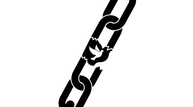 Broken metal chain with a flying dove silhouette representing freedom and liberation from oppression in minimalist style