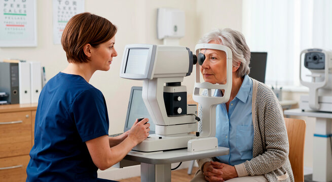Senior woman undergoing an eye examination with a female optometrist in a clinic. Elderly patient getting her vision checked using modern medical equipment. Healthcare and ophthalmology concept