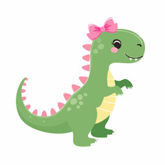 Fototapeta premium Cute Green Dinosaur with Pink Bow