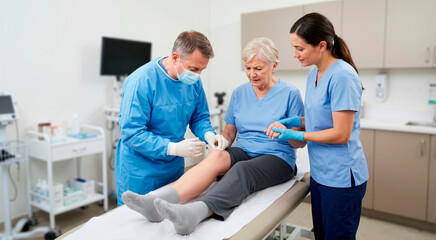 Obraz premium Male doctor giving knee injection to senior female patient in clinic. Nurse holding hands and comforting elderly woman during medical procedure. Orthopedic treatment for joint pain