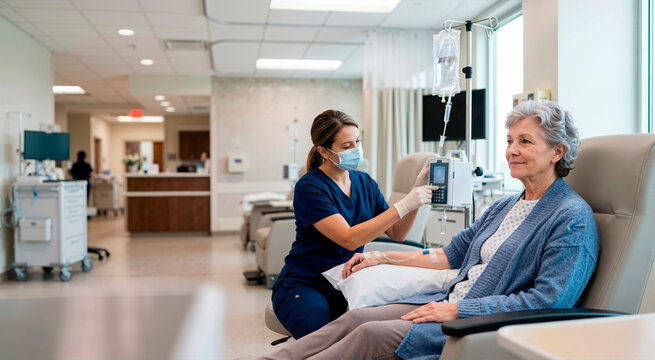 Female nurse adjusting an IV pump for a senior patient receiving chemotherapy. Elderly woman undergoing intravenous infusion treatment in an oncology hospital ward. Medical care concept