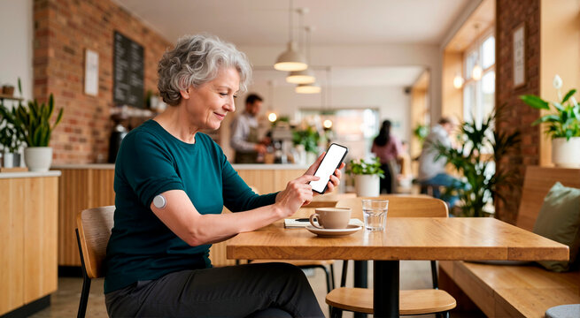 Senior woman checking blood sugar levels on smartphone app in modern cafe. Confident diabetic patient using continuous glucose monitor patch