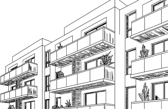 Modern apartment building, architectural line drawing, urban residential complex, black and white vector illustration