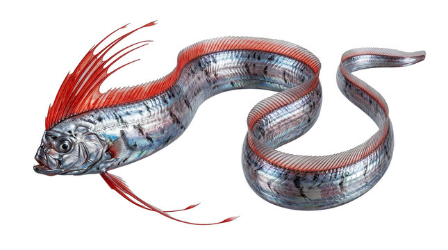 Serpentine oarfish displaying its brilliant crest and flowing pelvic fins, a wondrous creature of the deep ocean