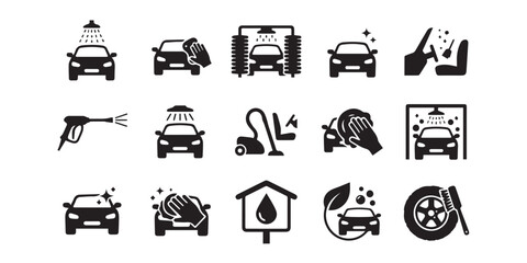 Collection of car wash and detailing icons depicting washing, drying, vacuuming, and polishing, representing auto cleaning services and vehicle maintenance.