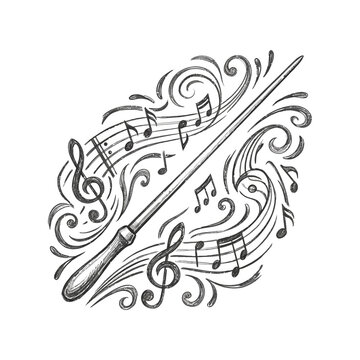 Orchestra conductor baton with swirling musical notes and treble clefs