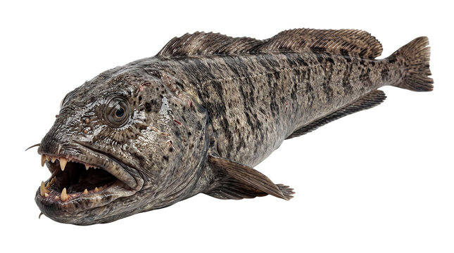 Rugged deep sea wolfish displaying its formidable fangs and distinctive mottled skin pattern