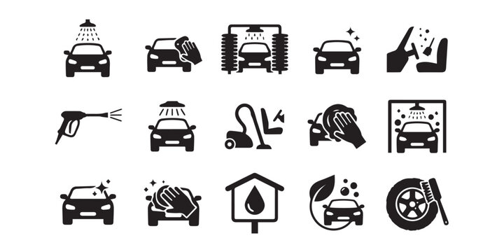 Collection of car wash and detailing icons depicting washing, drying, vacuuming, and polishing, representing auto cleaning services and vehicle maintenance.