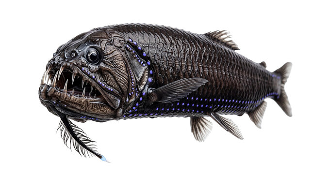 Gleaming deep sea predator revealing its formidable fangs and an array of luminous purple spots