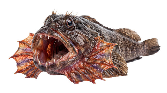Deep sea denizen reveals its fearsome fangs in a striking presentation on a clean white field