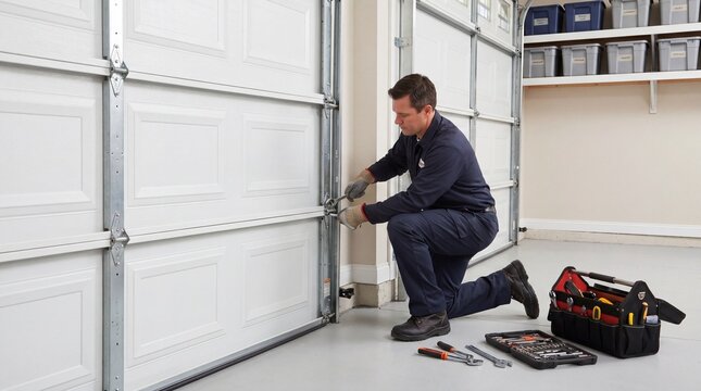 Garage door track repair, Technician adjusting hardware, Residential service maintenance, Sectional door interior, Professional home repair, Clean workspace