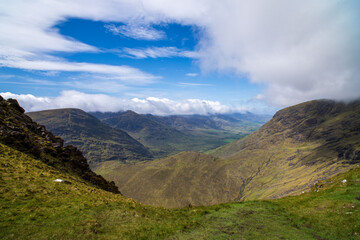 Fototapeta premium Dramatic mountain valley with two glacial lakes viewed from high ridge