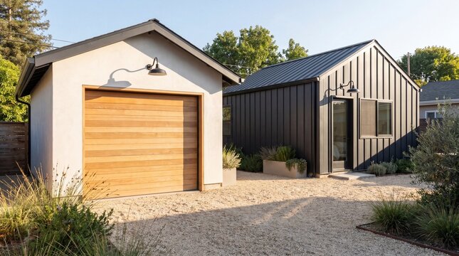 Detached garage entrance, Wood single garage door, Gravel courtyard exterior, Modern guest house facade, Simple landscape design, Clean copy space