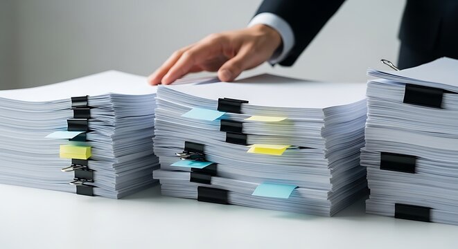 Businessman in a suit organizing large stacks of paper documents with colorful index tabs on a white desk in a office environment
