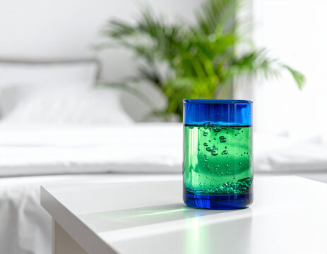 A blue and green liquid bubbler timer sits on a minimalist white bedside table in soft light.