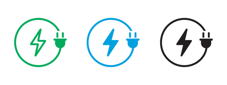 Electric car charging icon set vector, plug cable lightning bolt green energy power station EV charging concept isolated background design