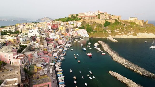 Beautiful aerial view of Procida seaside village and