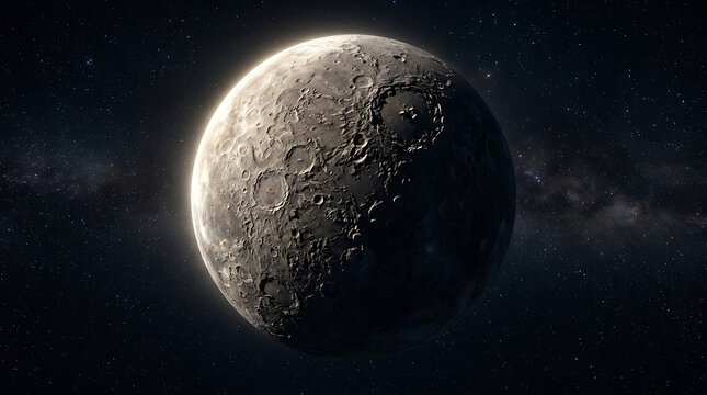 A large moon in space with a cratered surface and bright sunlight