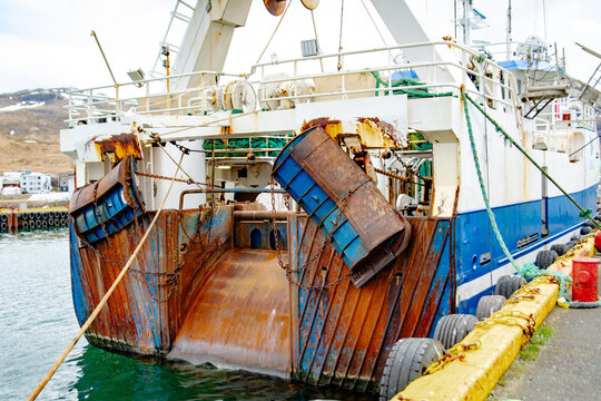 rusty trawler in the harbor