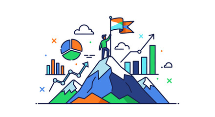 Obraz premium A man stands on a colorful mountain peak holding a flag with graphs and charts around him.