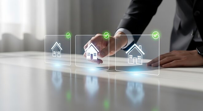 Businessman in a suit selecting house on a digital interface representing real estate property management and home buying process