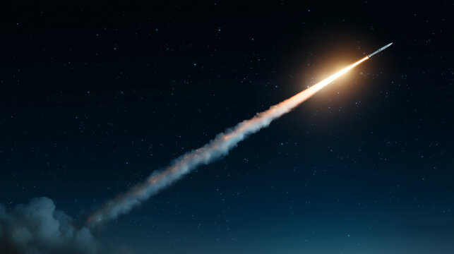 Missile launch into starry night sky with bright rocket plume, air defense system concept, military technology, tactical readiness, national security, aerospace weapon, crisis aler