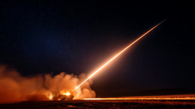 Guided missile launching from ground into cosmic night sky, bright exhaust trail, strategic defense operation, military aerospace technology, air security, tactical launch and cris
