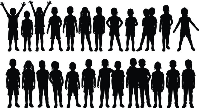 Large group of standing children silhouettes in two rows including boys and girls isolated on white background