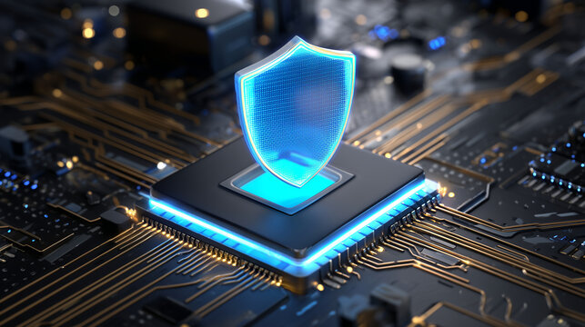 Cybersecurity shield on glowing blue microchip, secure processor concept, data protection, AI hardware security, digital defense, encrypted computing and advanced semiconductor tec