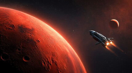 Spaceship flying near red alien planet in deep space, interplanetary travel concept, Mars exploration, futuristic spacecraft, cosmic discovery, aerospace technology, planetary scie