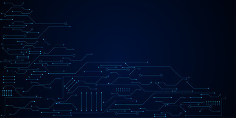 Obraz premium Blue circuit board lines and dots on dark navy background abstract technology pattern