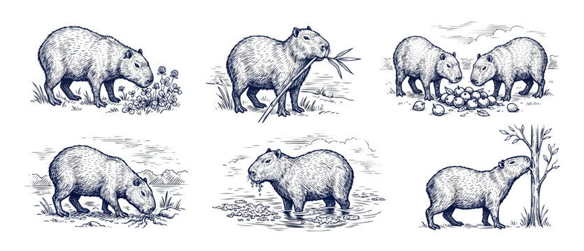 Capybara vintage engraving sketch collection of wild rodents grazing, eating bamboo or apples, and wading in water in a retro hand-drawn ink drawing style, ideal for nature graphic design projects.