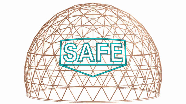 Geodesic dome wireframe structure with a central shield emblem containing the word SAFE in a minimalist vector illustration style
