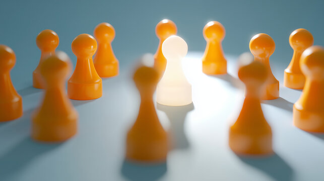 Illuminated pawn figure surrounded by orange team pieces, standout leadership concept, selected talent, business strategy, career growth, personal success and team management backg
