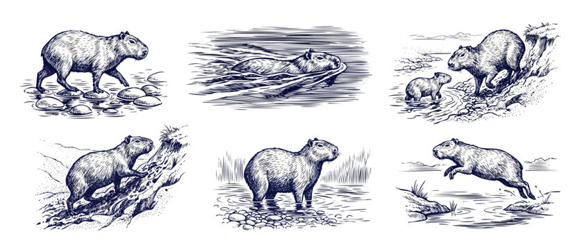 Capybara sketch illustration vector set for vintage wildlife design, featuring six hand drawn capybaras swimming, jumping, walking, and playing in water; retro style etching and engraving graphics pac