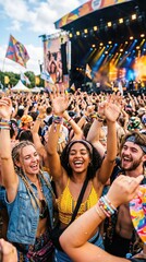 Fototapeta premium Happy woman and man dancing at outdoor summer music festival with raised hands. Young friends having fun at concert crowd event. People lifestyle, celebration, entertainment concept.