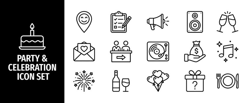 Party and celebration line icon set event planning outline icons including cake, music, fireworks, balloons, drinks, gift, invitation, and catering