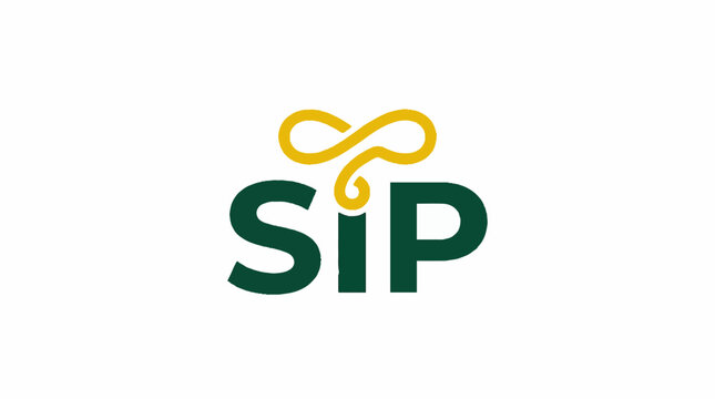 Minimalist vector logo design featuring the word SIP in dark green bold typography with a stylized yellow infinity loop symbol above the letter I