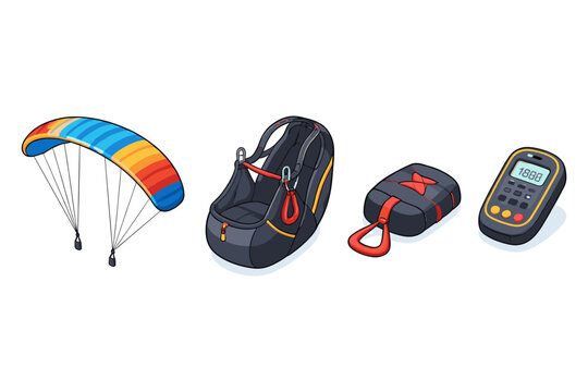 Paragliding equipment including wing, harness, reserve parachute, and variometer