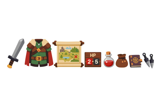 Collection of fantasy adventure game items including sword, armor, map, and potions