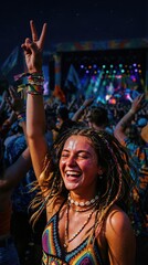 Obraz premium Young woman dancing at outdoor music festival show. Happy girl having fun at summer concert with neon lights. Enthusiastic fan cheering in crowd at night event, nightlife concept.